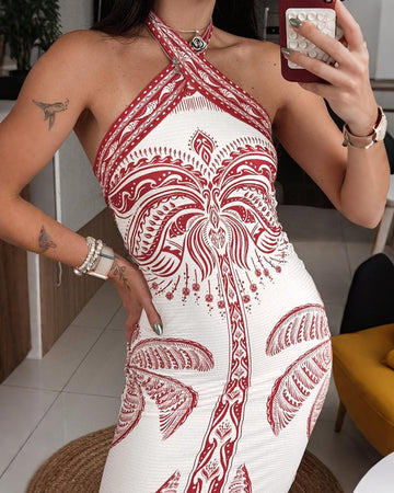 Tropical Halter Sleeveless Sexy Backless Dress